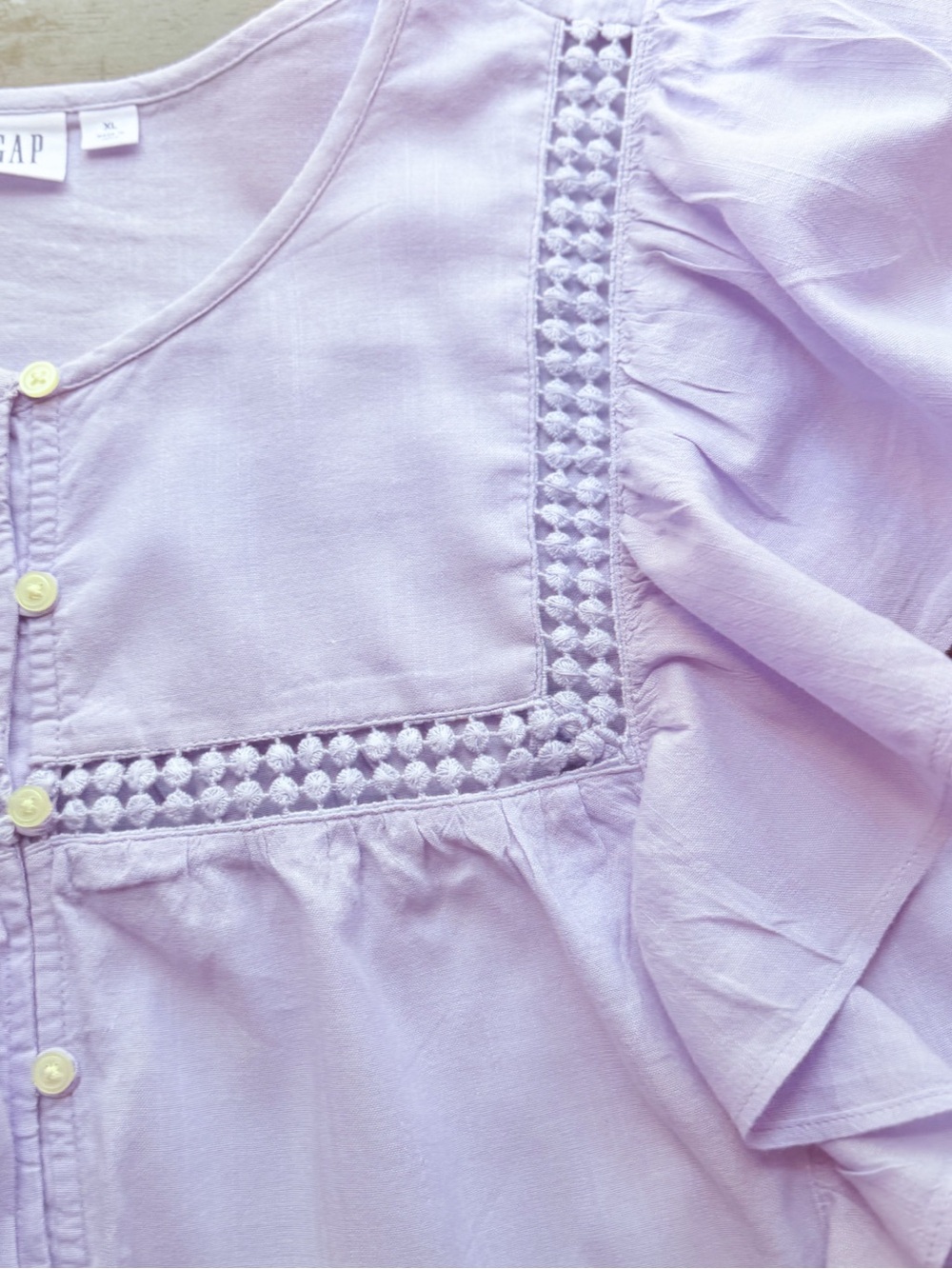 GAP Lavender Flutter Sleeve Top Decorative Trim Button Front Boho Blouse NWOT - Picture 7 of 9